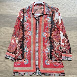 Chicos Travelers Top Women Small Mesh Medallion Print Tunic Button Up Long Sleev